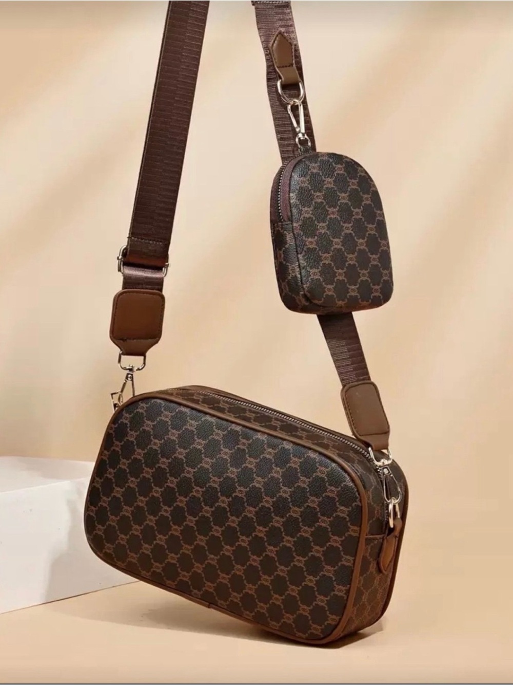 SHEIN Brown Patterned Women’s Crossbody Bag with Detachable Mini Pouch